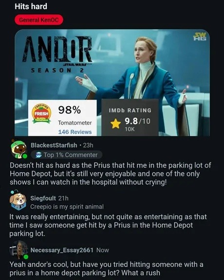 Andor’s great but not as hard-hitting as a Prius at Home Depot - meme