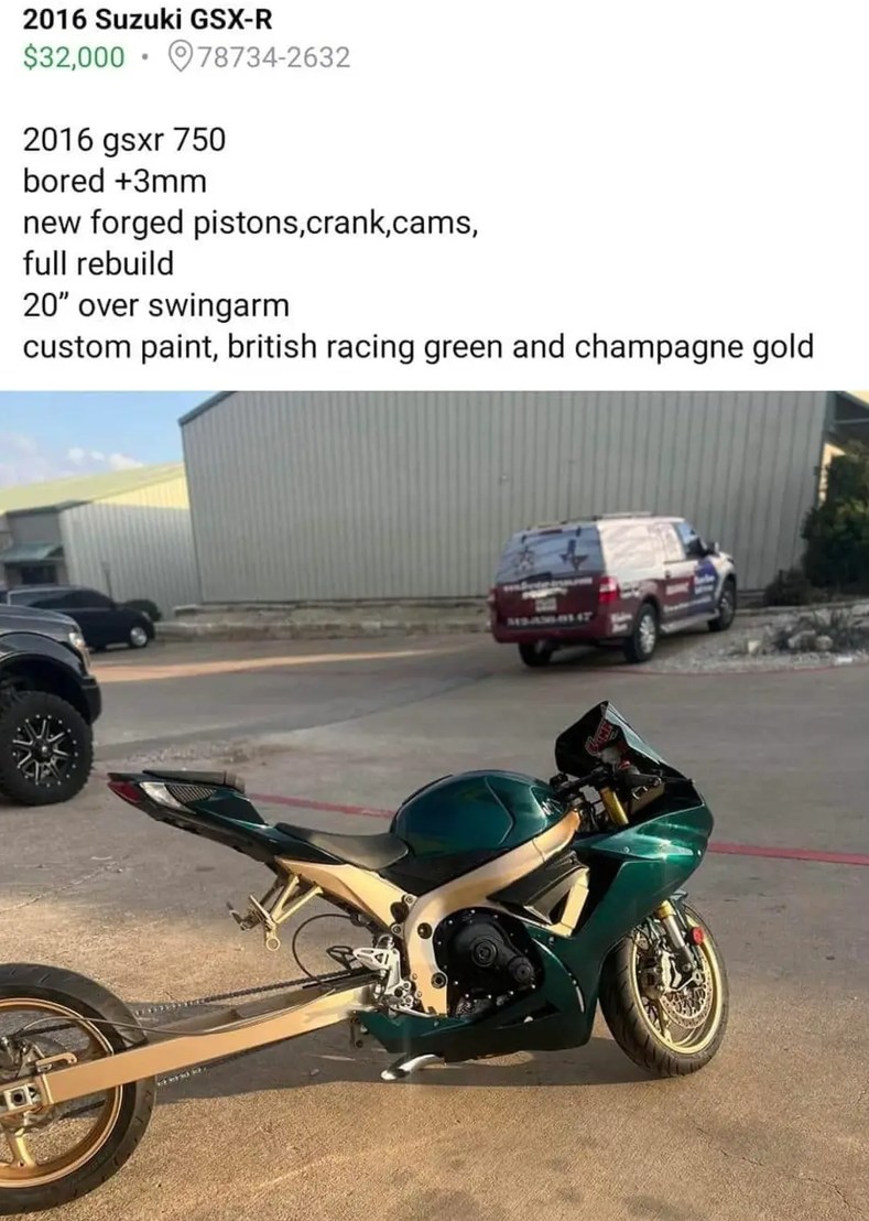 "If you can't keep the front end of a 750 down without a 9ft swingarm just get a fucking car" - meme