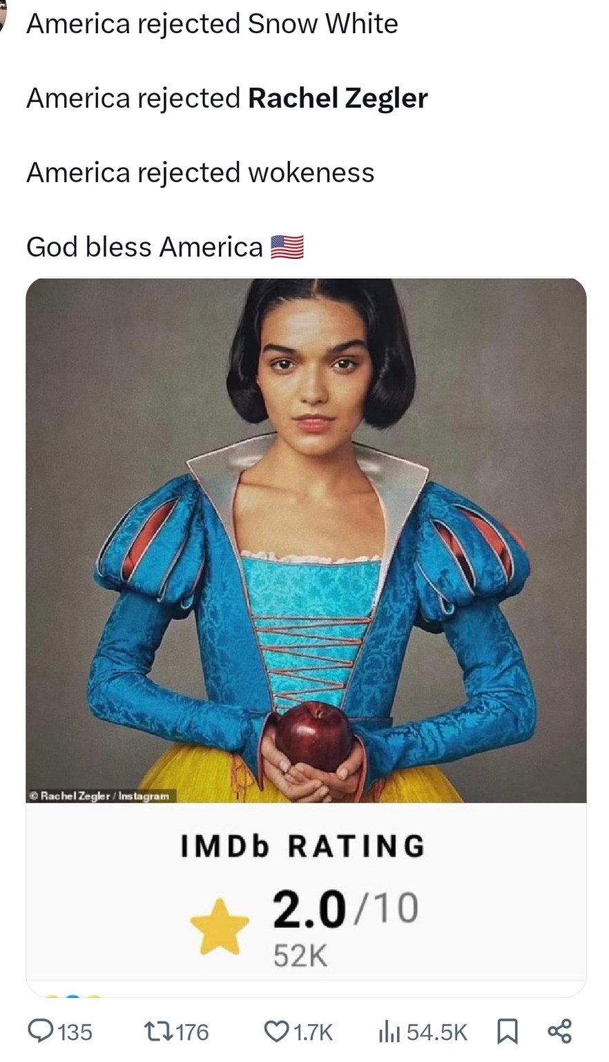 America rejected Snow White rejected Rachel Zegler and rejected wokeness all in one breath - meme