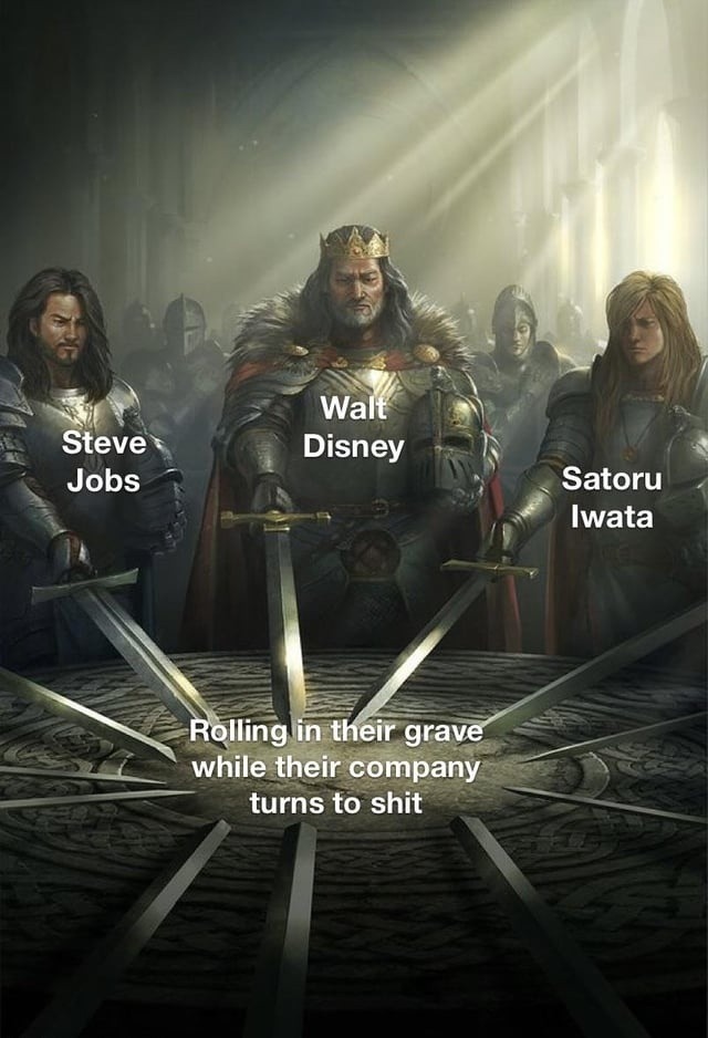 Walt, Steve, and Iwata watching their legacy burn - meme