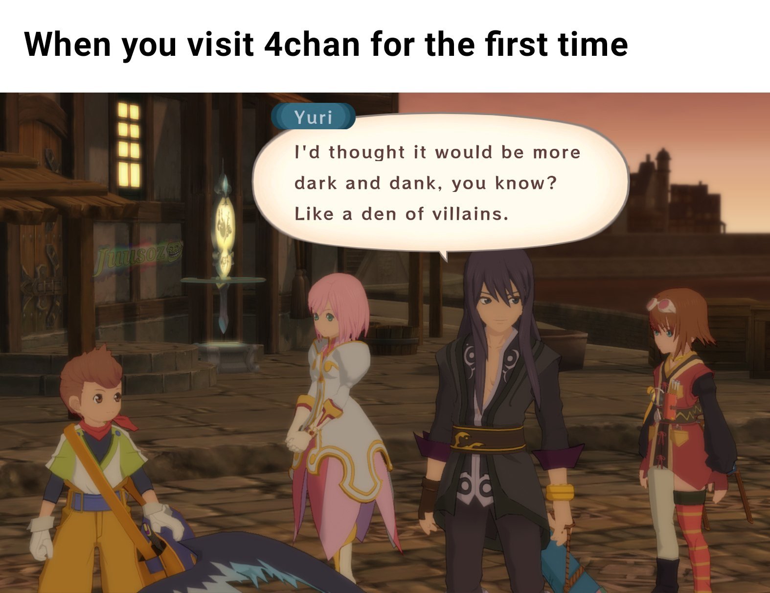 I'm browsing through my files and I have a whole bunch of pictures I've meant to make memes of, so here we go. Also the game is Tales of Vesperia, have not finished it yet, busy reading for tests.