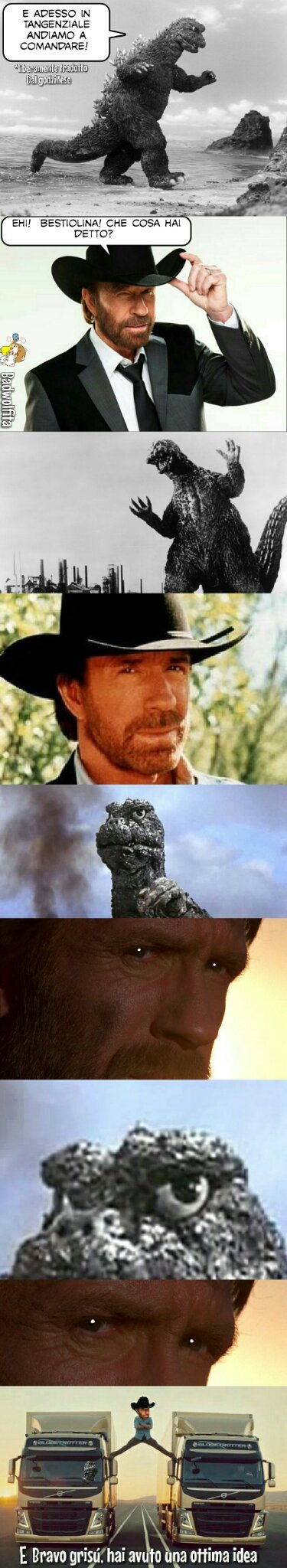 Chuck Norris Vs Godzilla: in tangenziale andiamo a comandare - meme