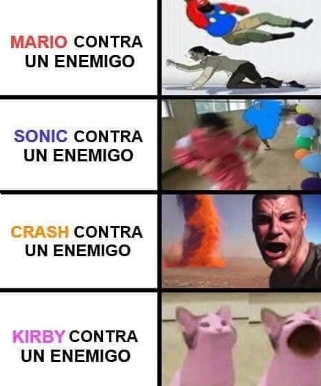 Mario, Sonic, Crash y Kirby peleando... cada uno a su estilo - meme