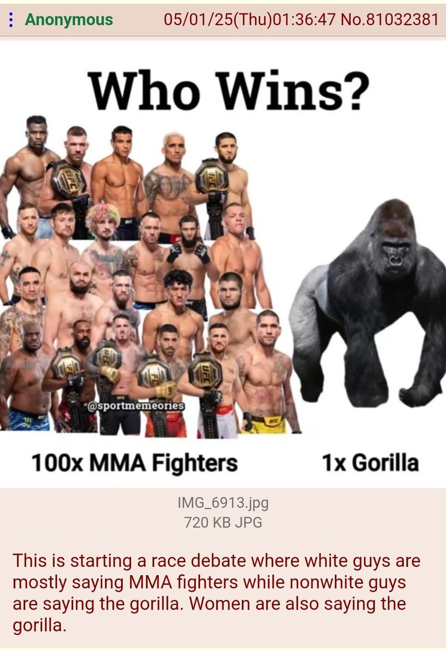 100 MMA fighters vs 1 gorilla and suddenly it’s race theory - meme