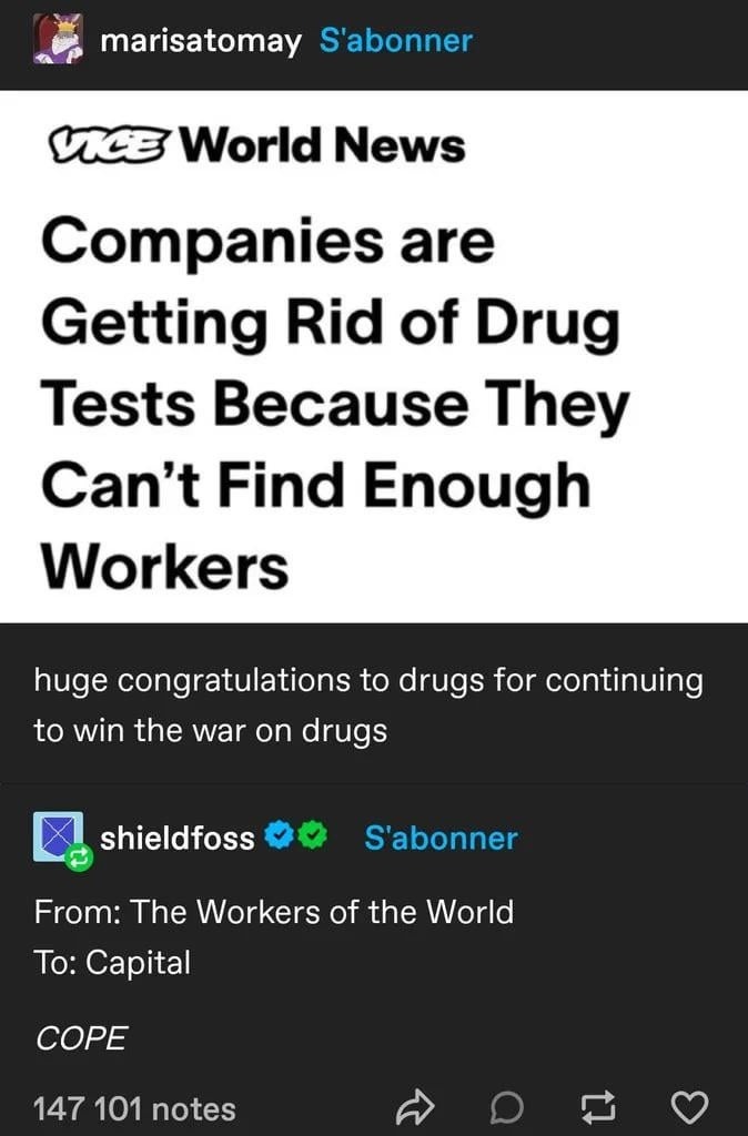 Companies dropping drug tests because they can't find workers shoutout to drugs for winning - meme