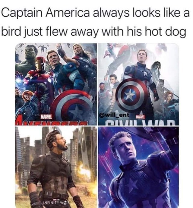 Captain America always looks like a bird just flew away with his hot dog - meme