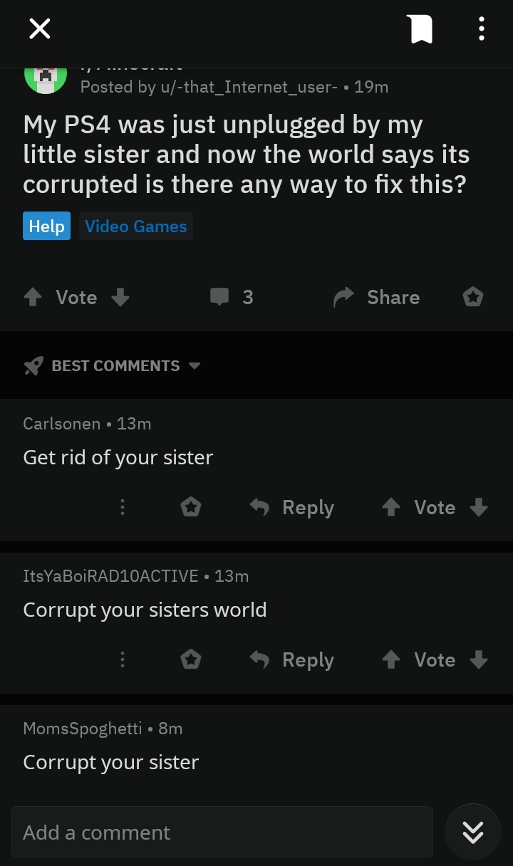 6th comment is a corrupted sister - meme