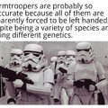 I never noticed that all stormtroopers and clone troopers are left handed, but First Order troopers are not.
