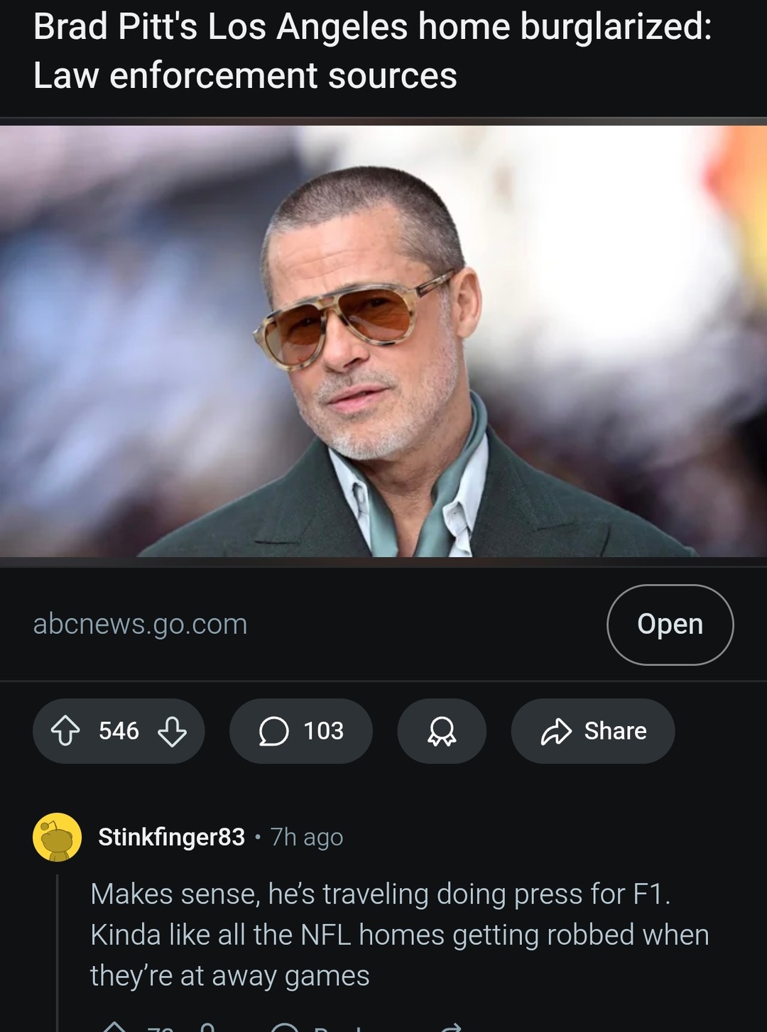 Brad Pitt's house got robbed while he's busy doing F1 stuff - meme
