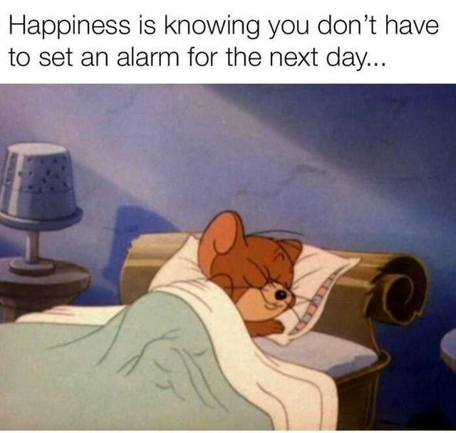 Real happiness is no alarm tomorrow and no guilt about it - meme