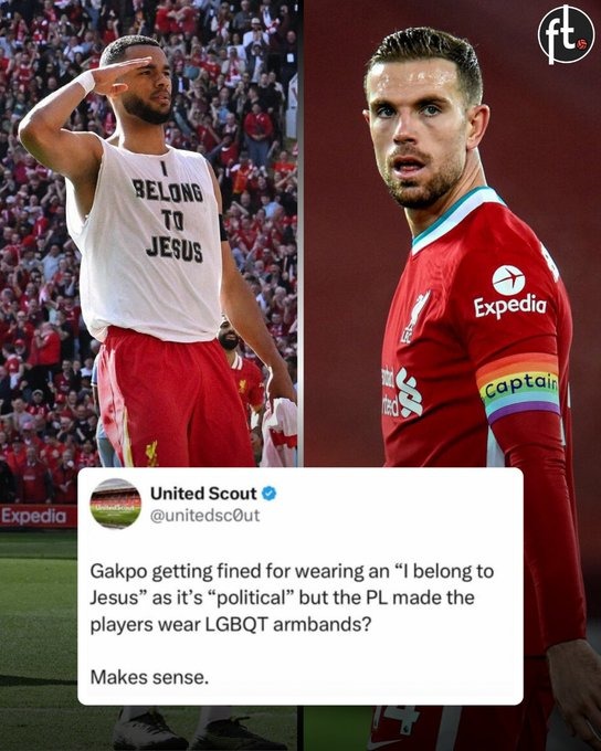 ﻿BELONG Tq Expedia United Scout Expedia @unitedscOut Gakpo getting fined for wearing an “| belong to Jesus as it’s “political” but the PL made the players wear LGBQT armbands? Makes sense_ JESUS captain