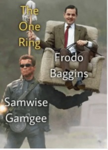 Sam literally carrying Frodo up the side of mount doom lol - meme