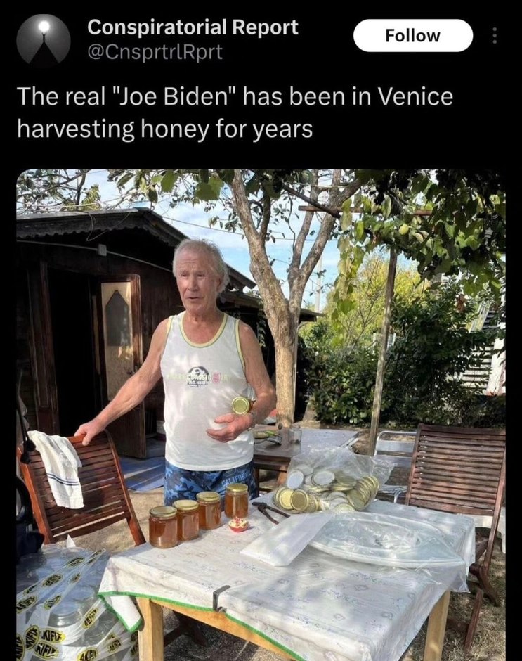 Conspiracy Twitter says Joe Biden's harvesting honey in Venice - meme
