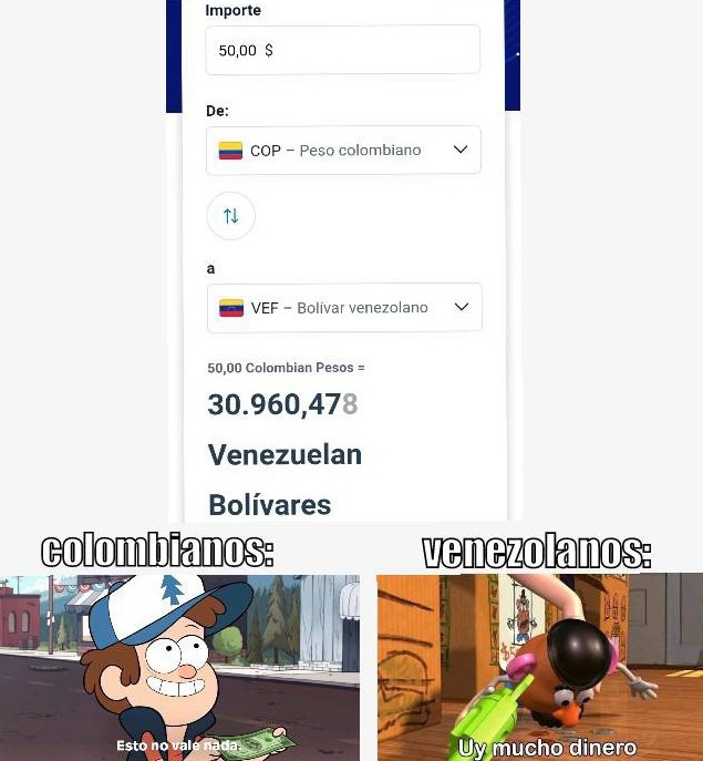 Contexto: 50 pesos colombianos (que es el presio más barato de Colombia y que no alcanza ni para un insignificante caramelo) equivale a más de 30.000 bolívares venezolanos - meme