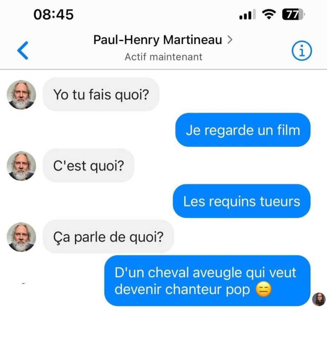 Je regarde un film... Les requins tueurs. Ça parle d’un cheval aveugle chanteur - meme
