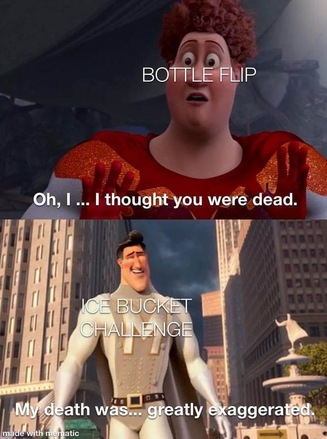 Ice Bucket and Bottle Flip be like: legends never die - meme