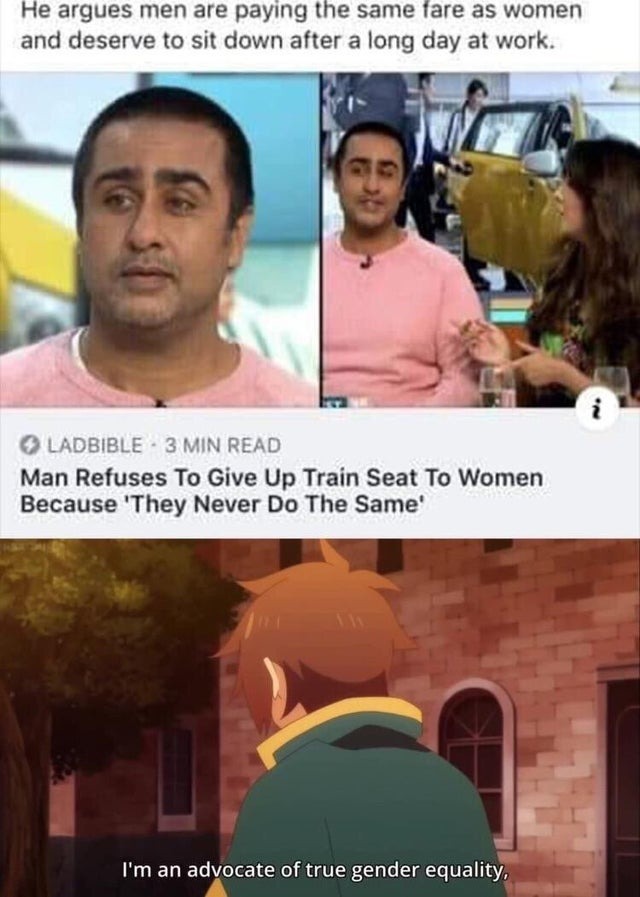 meme of a man refusing to leave a woman's seat on the train just for being a woman in June