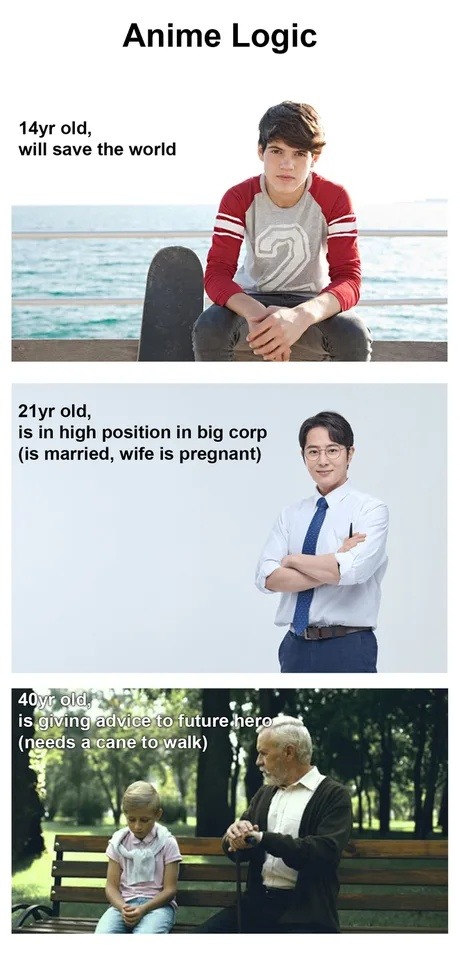Anime logic: 14 saving the world, 21 a CEO, 40 walking with a cane - meme