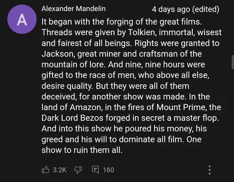 The Lord of the Rings and Rings of Power story in a youtube comment - meme