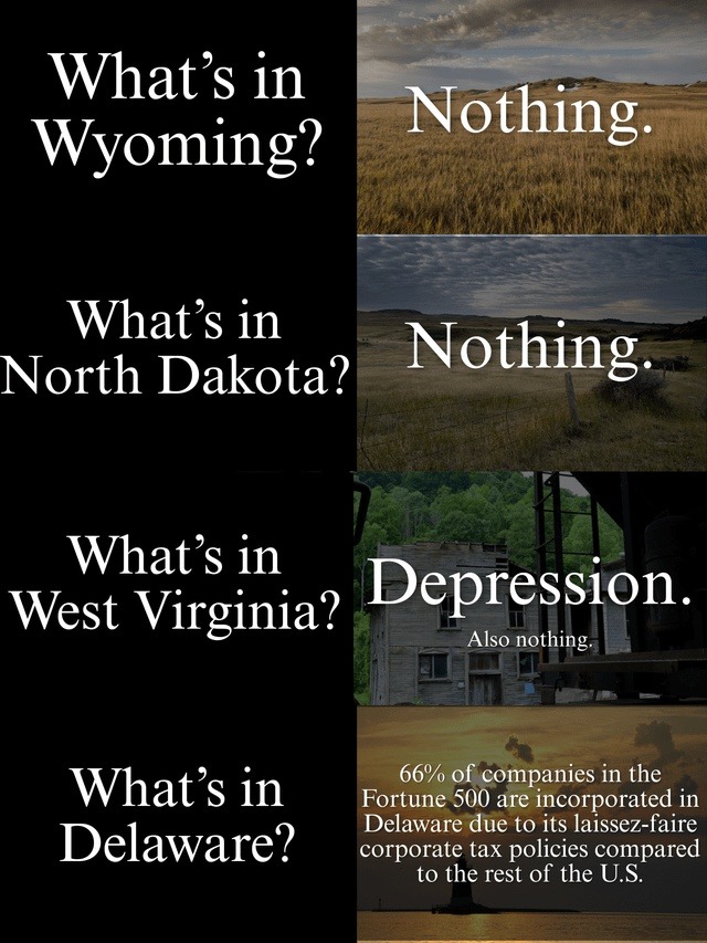Wyoming’s emptiness vs Delaware’s Fortune 500 kingdom - meme