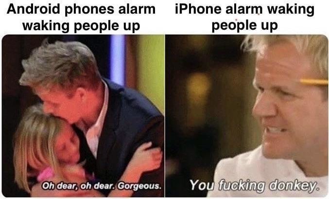 iPhone alarm vs Android alarm experience - meme