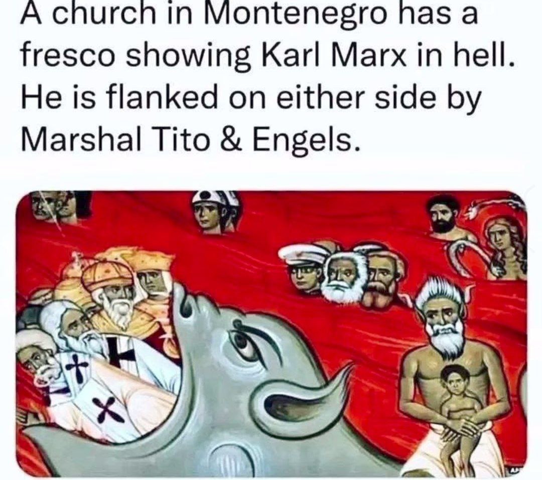 Karl Marx, chilling in hell with Tito & Engels like it's no big deal - meme
