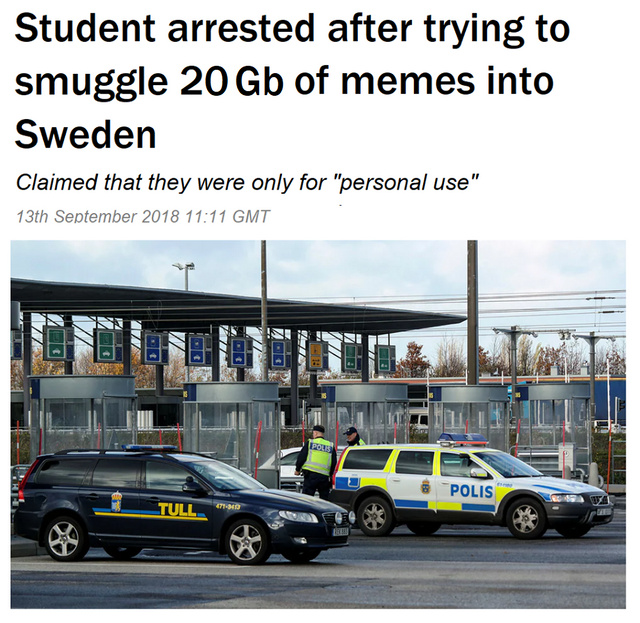 Student arrested after trying to smuggle 20Gb of memes into Sweden