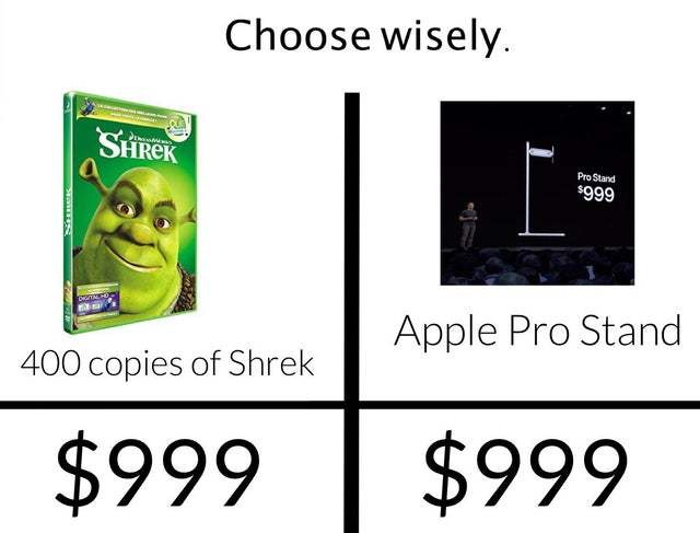 Choose wisely: Shrek vs Apple Pro Stand - meme