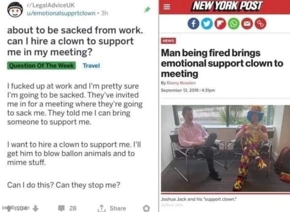Man being fired brings clown to meeting (full story) - meme