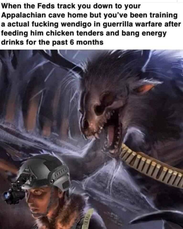 Trained a wendigo in the woods, now the feds got problems - meme
