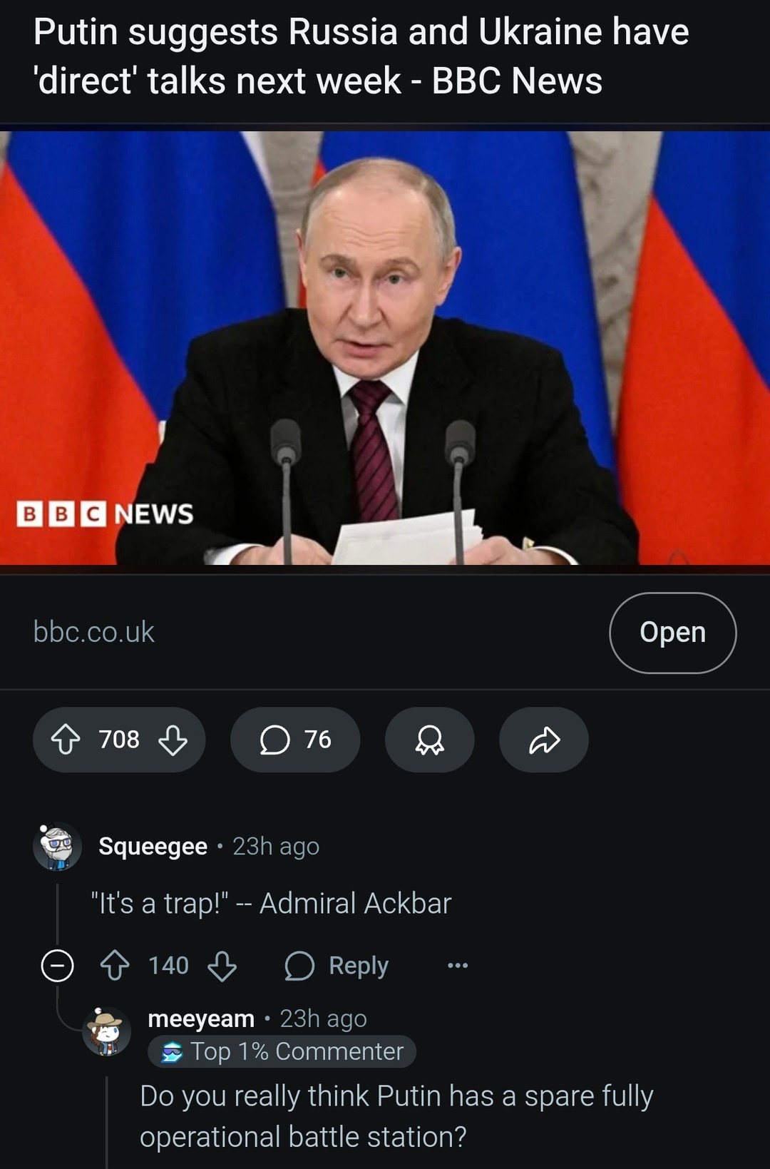 Putin wants 'direct' Ukraine talks next week and nobody trusts it - meme