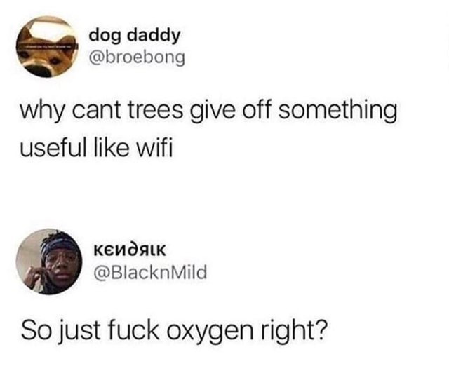 Why can't trees give off something useful like wifi? - meme