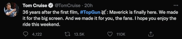Tom Cruise tweet after the premiere of Top Gun 2