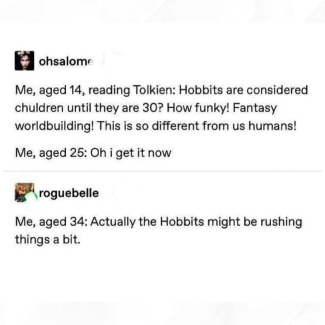 Hobbits are kids at 30? Same bro, same - meme