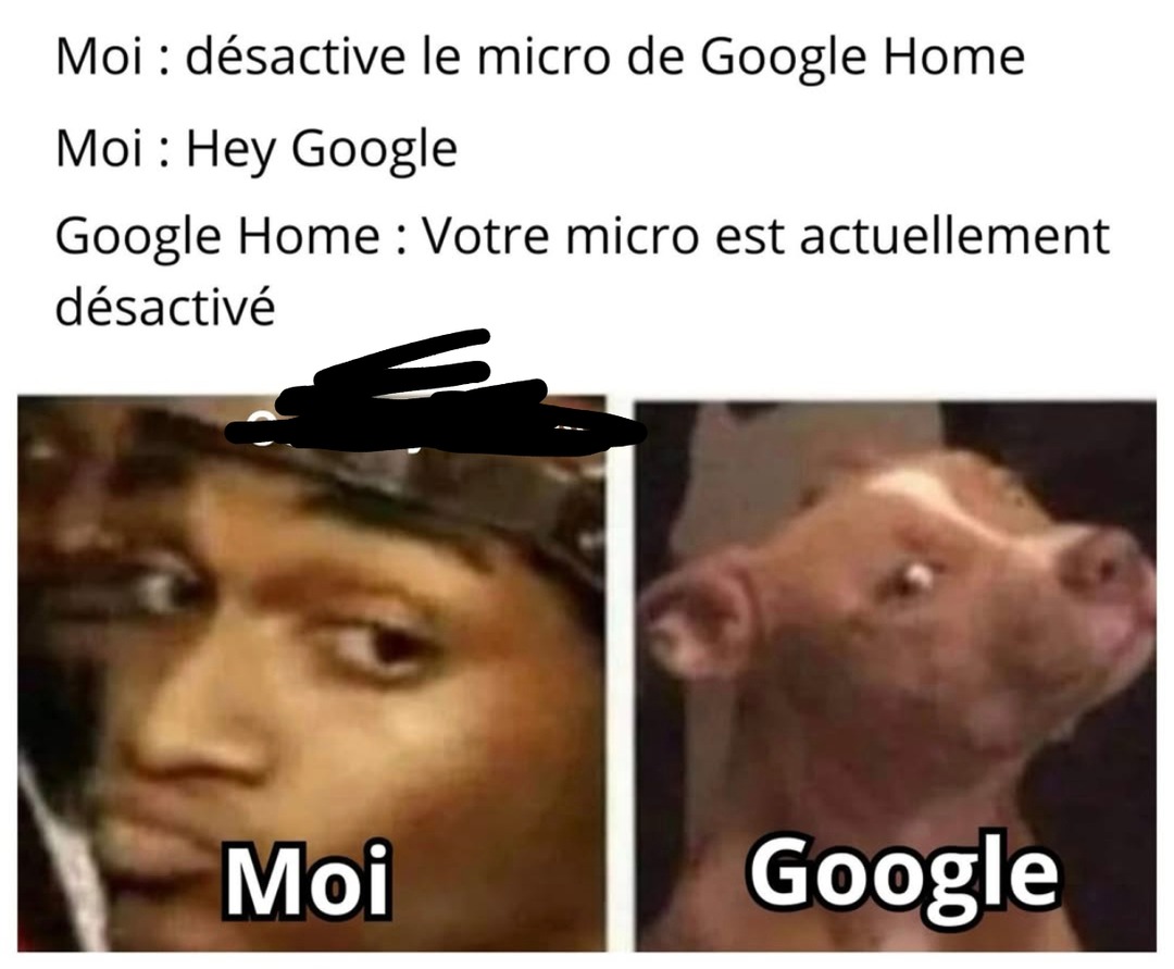 Google Home: micro désactivé. Moi: Hey Google. Lui: ... - meme