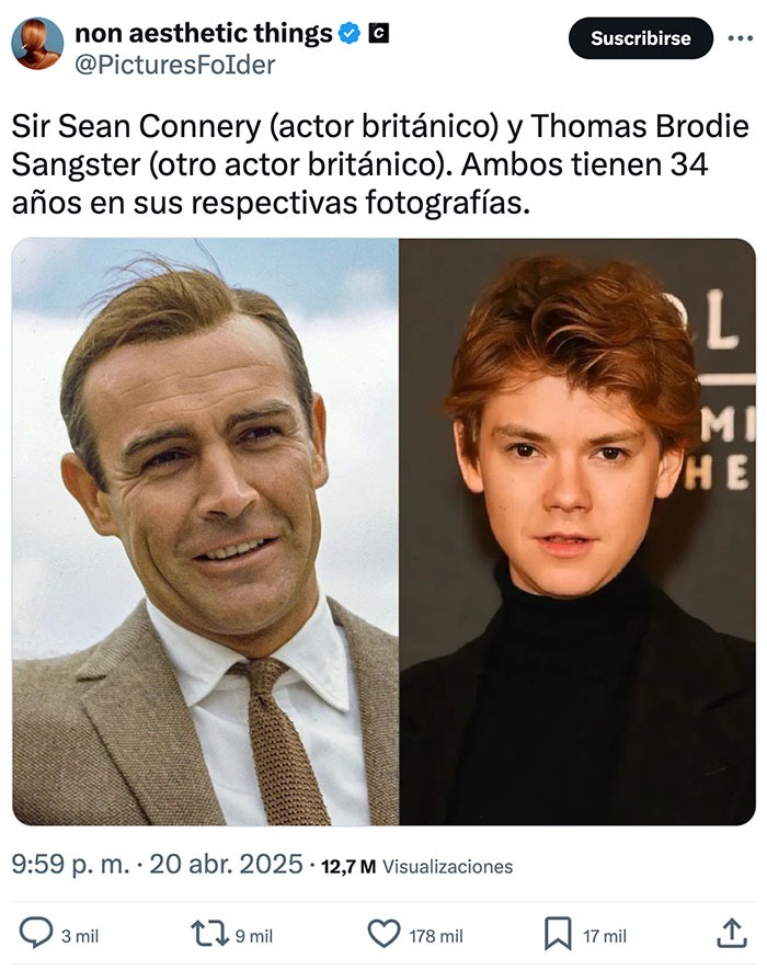 Ambos tienen 34 años, pero uno es Sean Connery y el otro va al cole aún - meme