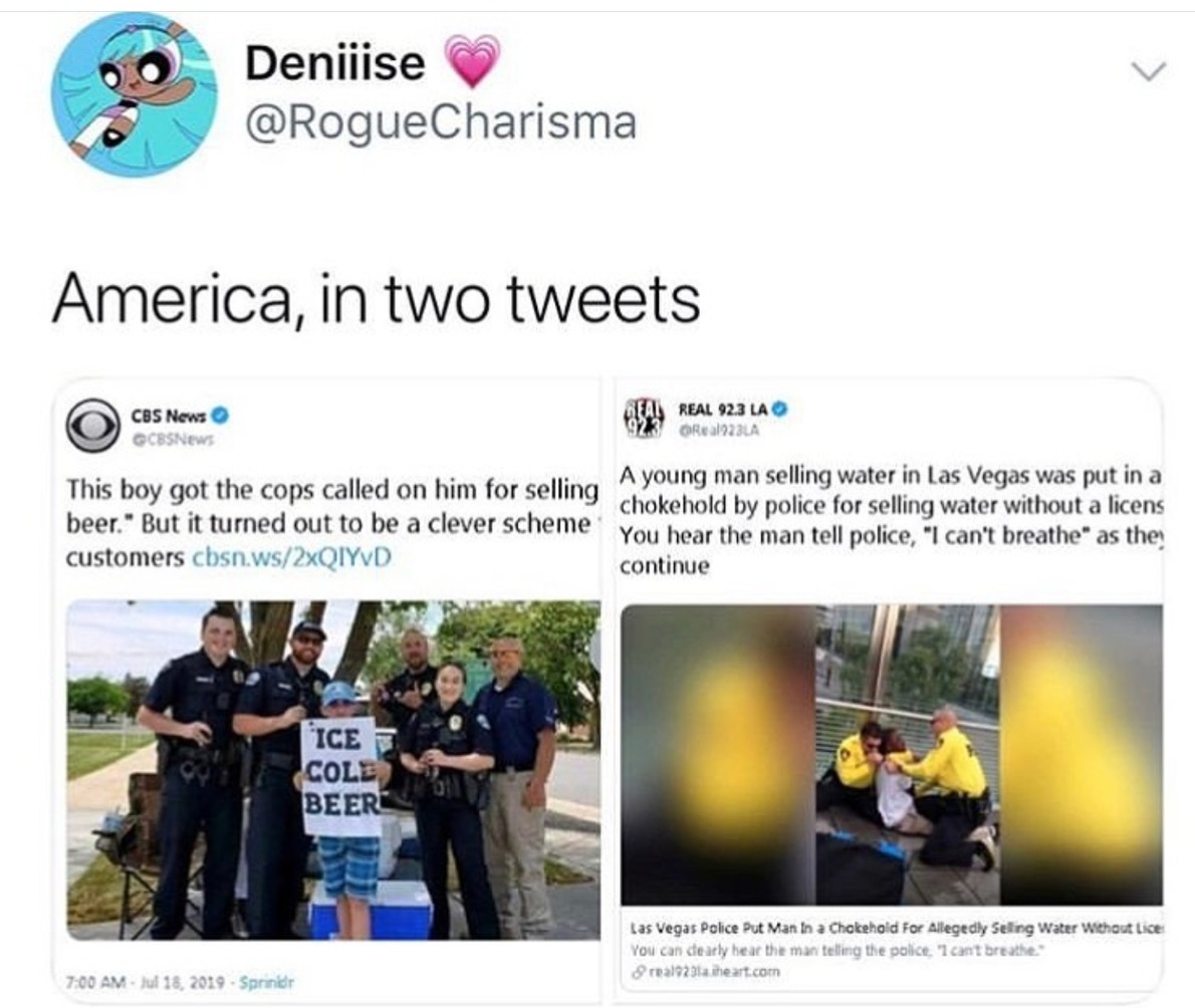 Now I'm not saying the cops are racist, but the guy selling water appears to be either black, or red like a tomato and ready to pop. - meme