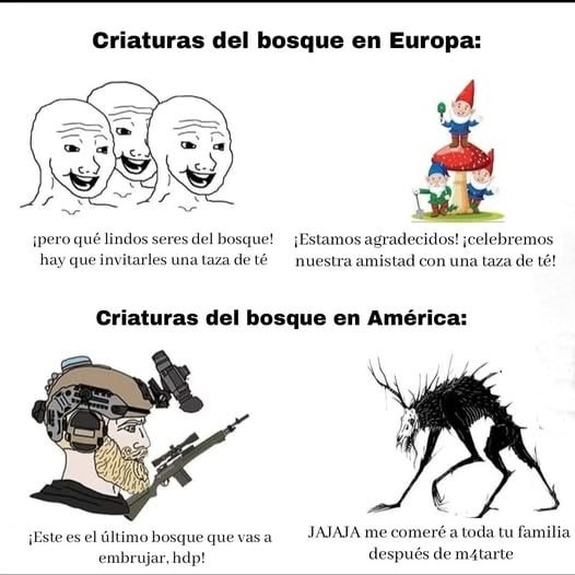 Criaturas del bosque en Europa vs América modo pesadilla - meme