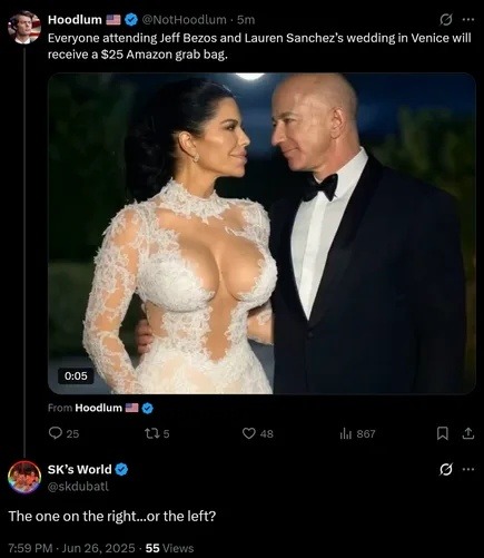 Bezos wedding guests get Amazon bags lol - meme