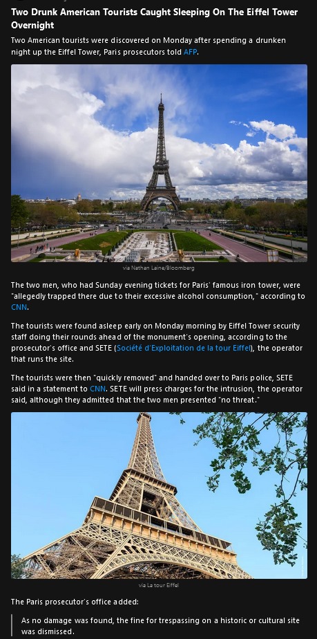 Two American tourists were found sleeping on the Eiffel Tower after a night of drinking. - meme