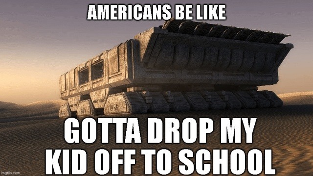 Americans dropping kids off like it’s a quest - meme