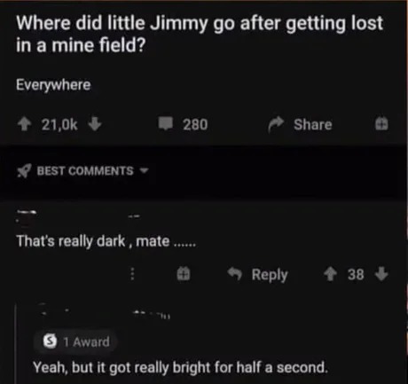 Where did little Jimmy go after getting lost in a mine field? - meme