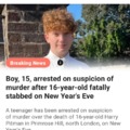 Boy, 15, arrested on suspicion of murder after 16-year-old fatally stabbed on New Year's Eve