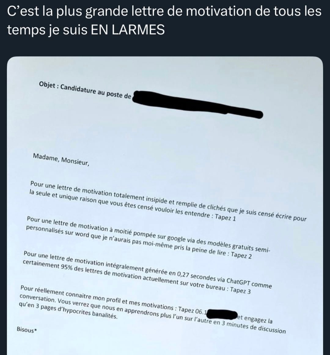Envoyer une lettre de motiv générée par ChatGPT en mode YOLO - meme