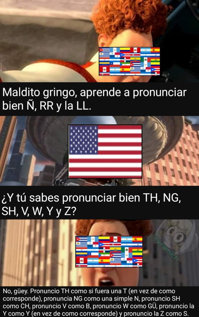 Sobre la i griega: en inglés, [j]; en español, [ʝ]. - meme