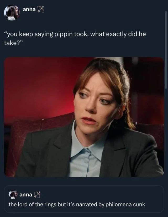 Philomena Cunk narrating Lord of the Rings is all I want now - meme