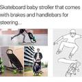 Skateboard baby stroller that comes with brakes and handlebars for steering