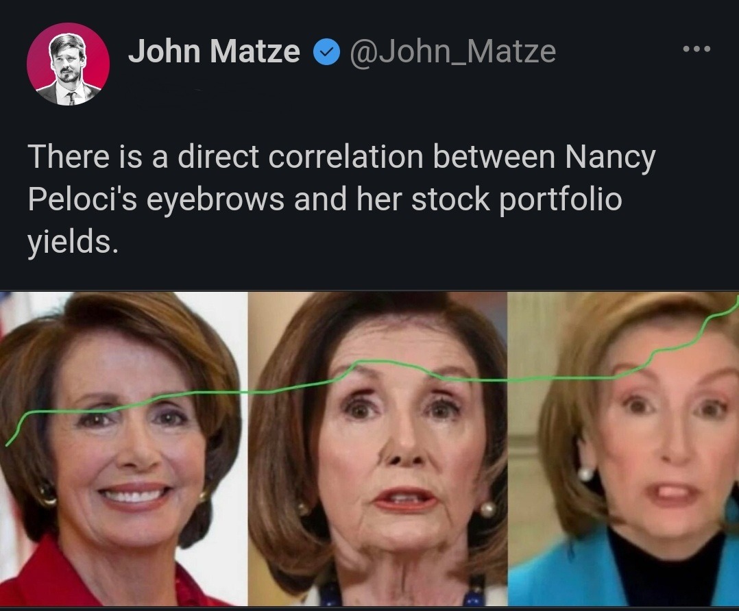 There is a direct correlation between Nancy Peloci's eyebrows and her stock portfolio yields. - meme