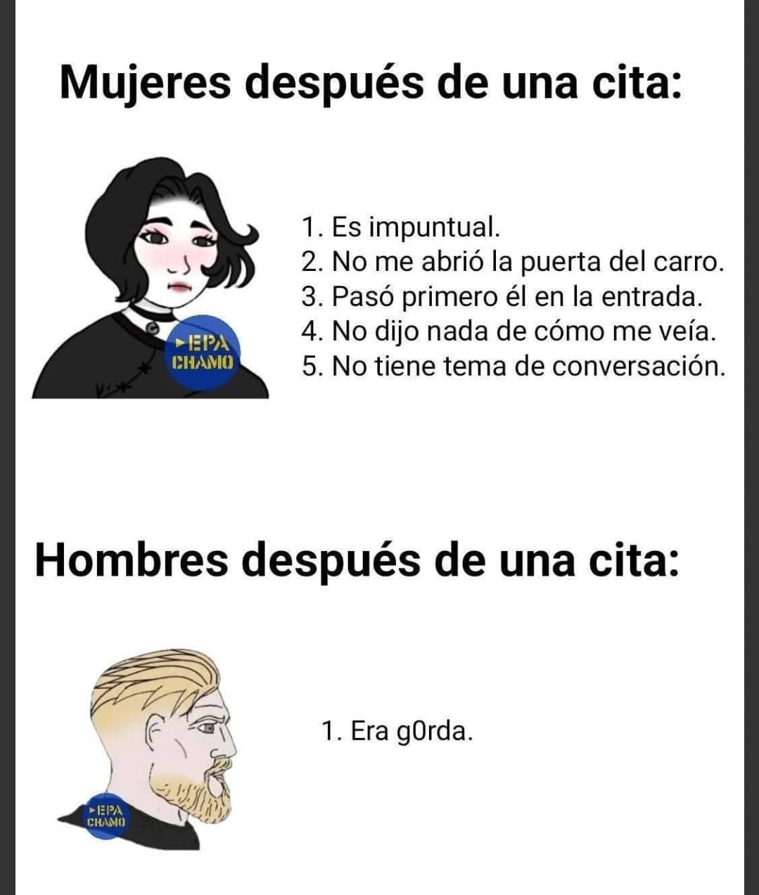 Resumen de una cita según ella y según él - meme