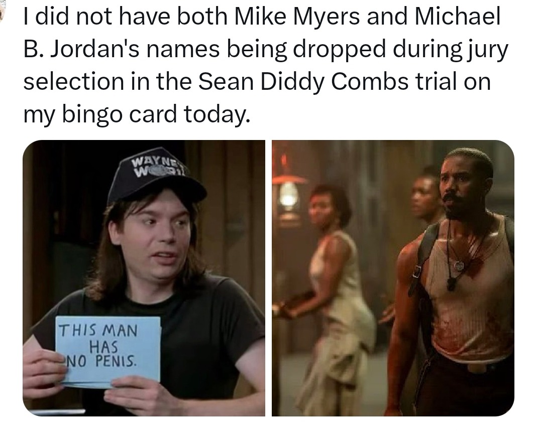 Diddy trial bingo just unlocked Mike Myers and Jordan cameo - meme
